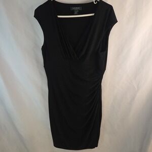 Lauren Ralph Lauren Women's Black Ruched V-neck Knee Length Dress Size 14 W/Slit